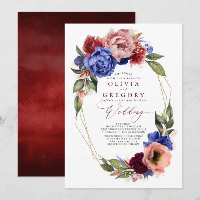 Convites Casamento Romântico Floral Vermelho e Azul Marinho (Frente/Verso)
