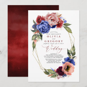 Convites Casamento Romântico Floral Vermelho e Azul Marinho