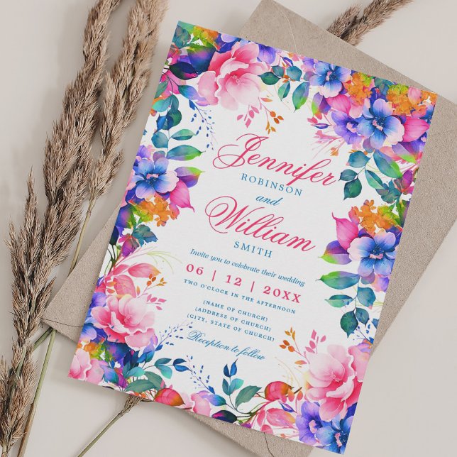 Convites Casamento Romântico Floral Vibrante Arco-Íris com  (Romantic Floral Vibrant Rainbow Wedding w/ QR RSVP Invitation)