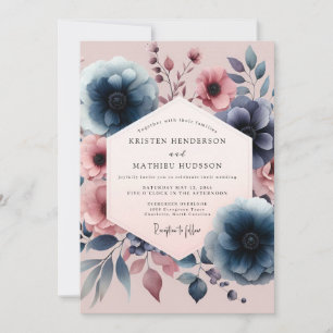 Convites Casamento Romântico Floral Vintage Azul-Navy