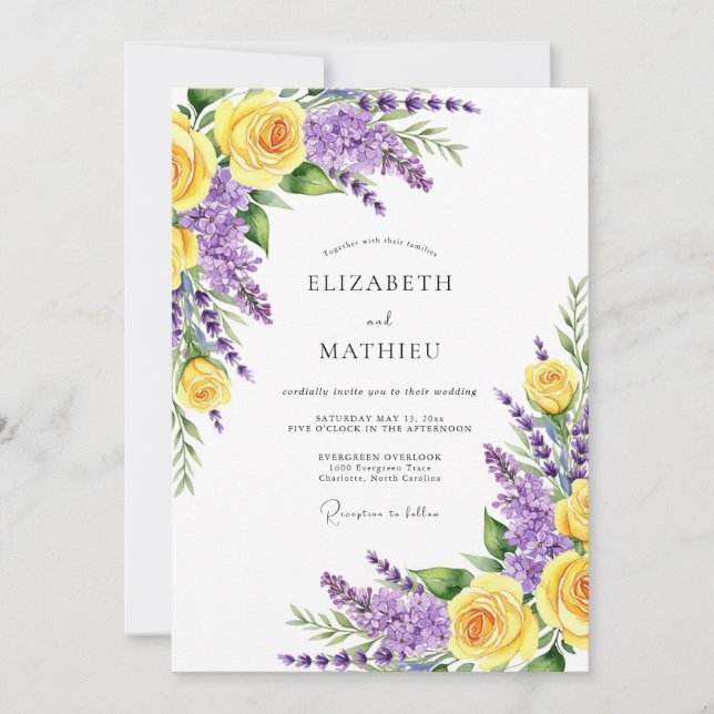 Convites Casamento Romântico Florido Amarelo Roxo (Frente)