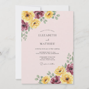 Convites Casamento Romântico Florido em Borgonha e Amarelo