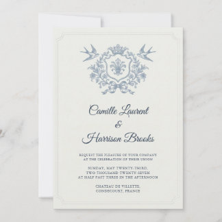 Convites Casamento Romântico Francês Azul Toile de Jouy & B