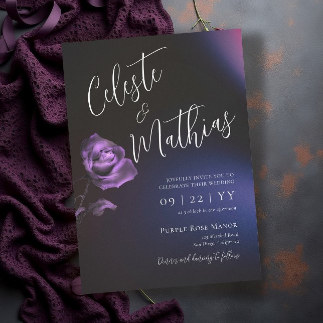 Convites Casamento Romântico Gótico Rosa Roxo Azul Escuro M (dark moody wedding invitation blue purple rose floral elegant romantic modern classic gothic)