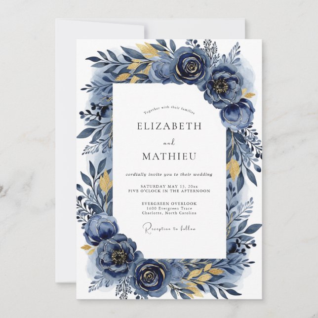 Convites Casamento Romântico Indigo Flourish (Frente)