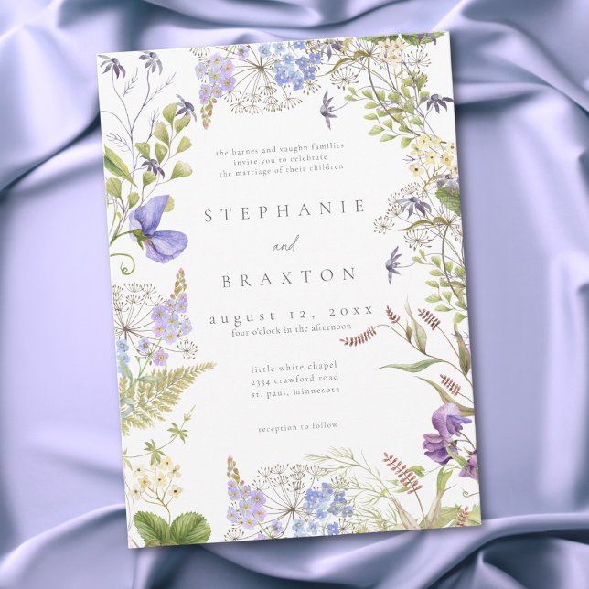 Convites Casamento Romântico Jardim de Flores Silvestres La (Lavender Wildflower Garden White Romantic Wedding Invitation)