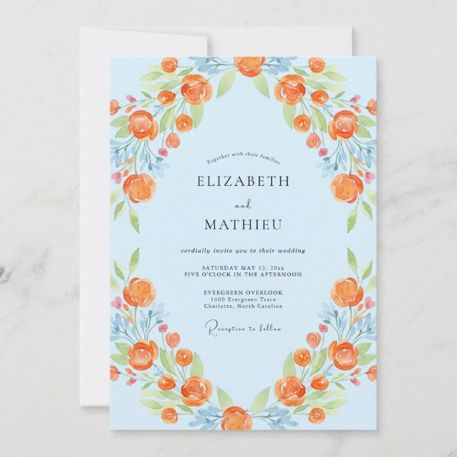Convites Casamento Romântico Laranja Azul Pétala (Frente)