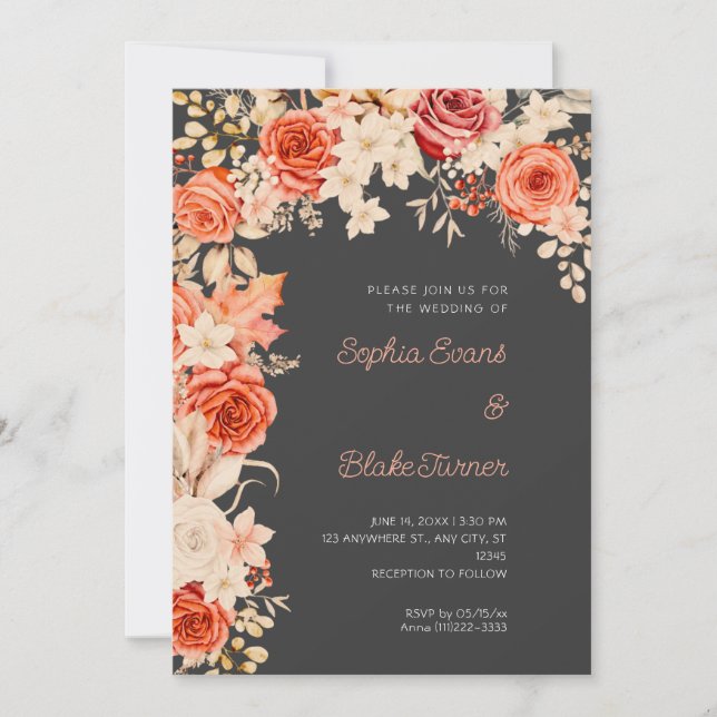 Convites Casamento Romântico Laranja & Rosas Brancas Sombra (Frente)