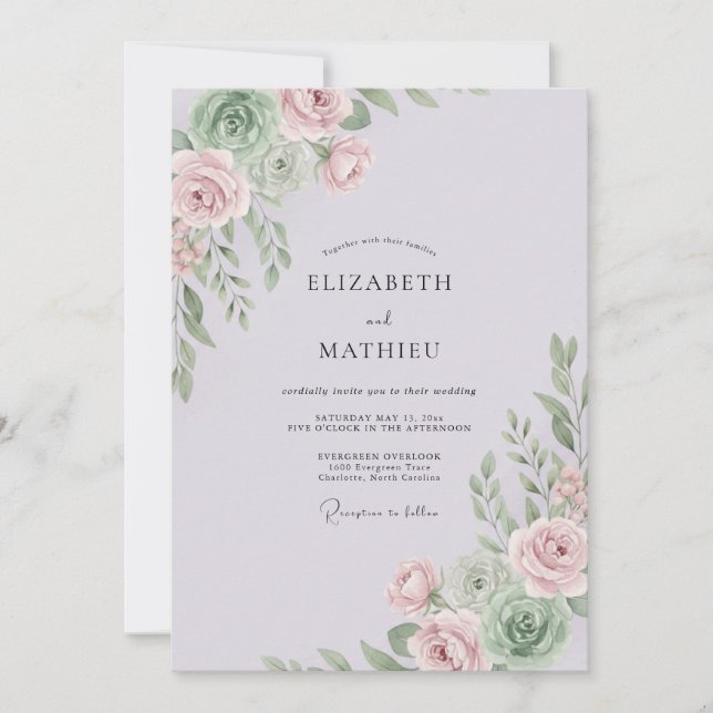 Convites Casamento Romântico Lilás Pálido Delicado (Frente)