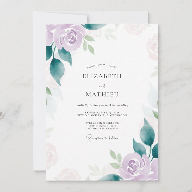 Convites Casamento Romântico Lilás Rosa (Frente)