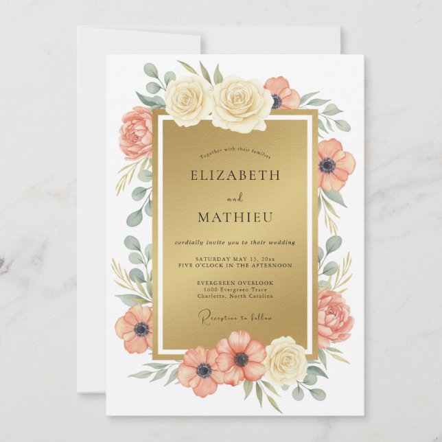 Convites Casamento Romântico Luxo Dourado (Frente)