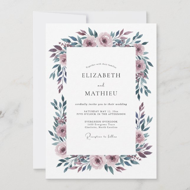 Convites Casamento Romântico Malva Sombrio (Frente)