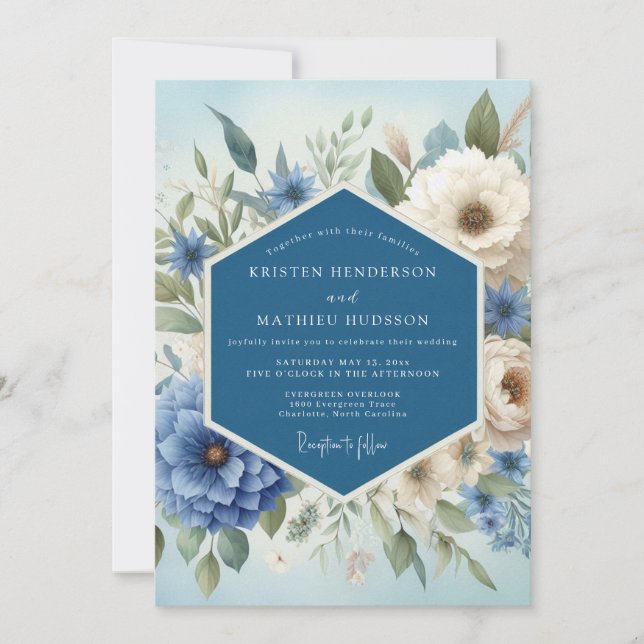 Convites Casamento Romântico Marfim Campainha Azul (Frente)