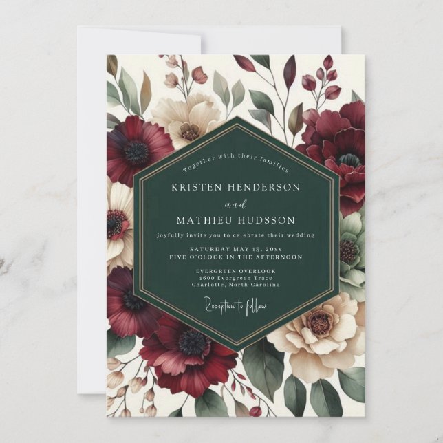 Convites Casamento Romântico Maroon Bloom (Frente)