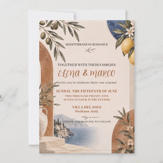 Convites Casamento Romântico Mediterrâneo (Frente)