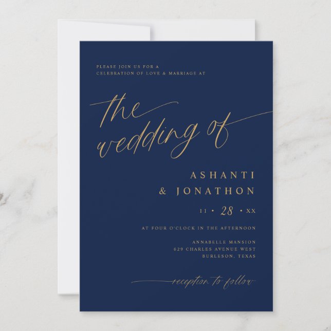 Convites Casamento Romântico Moderno Azul Marinho Dourado T (Frente)