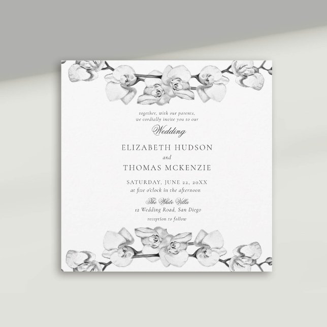 Convites Casamento Romântico Moderno com Arte de Orquídeas  (white orchid wedding invitation modern classic art sketch black white)