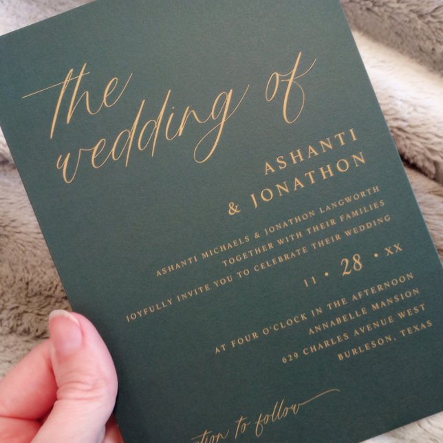 Convites Casamento Romântico Moderno Emerald Green (Emerald Green and Gold Wedding Invitations - Soft Romantic Delicate Script)