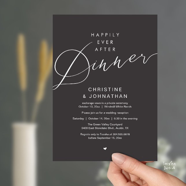 Convites Casamento Romântico Moderno Jantar Felizes para Se (Modern Romantic Wedding Happily Ever After reception Dinner Invitation card in Charcoal Grey)