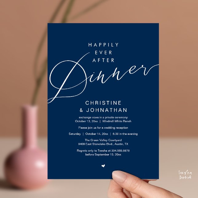 Convites Casamento Romântico Moderno Jantar Felizes para Se (Modern Romantic Wedding Happily Ever After reception Dinner Invitation card in Navy Blue)