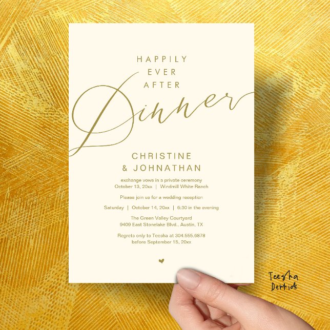 Convites Casamento Romântico Moderno Jantar Felizes para Se (Modern Romantic Wedding Happily Ever After reception Dinner Invitation card in Yellow Gold)