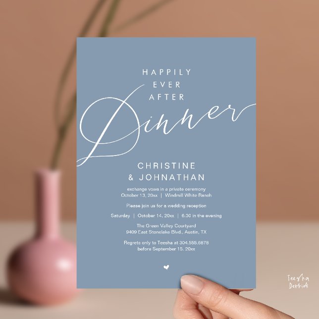 Convites Casamento Romântico Moderno Jantar Felizes para Se (Modern Romantic Wedding Happily Ever After reception Dinner Invitation card in Dusty Blue)
