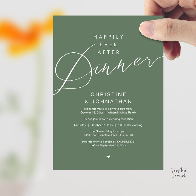 Convites Casamento Romântico Moderno Jantar Felizes para Se (Modern Romantic Wedding Happily Ever After reception Dinner Invitation card in Sage Green)