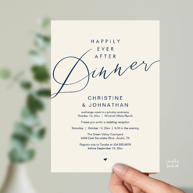 Convites Casamento Romântico Moderno Jantar Felizes para Se (Modern Romantic Wedding Happily Ever After reception Dinner Invitation card in Navy Blue Ivory)