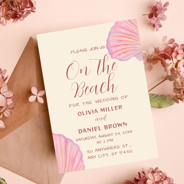 Convites Casamento Romântico na Praia com Conchas Rosa (Criador carregado)