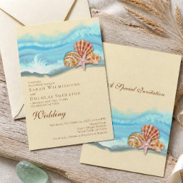 Convites Casamento Romântico na Praia com Onda do Oceano Az