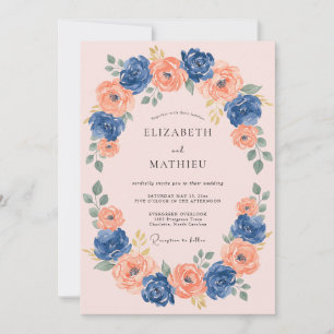 Convites Casamento Romântico Navy Coral Blossom
