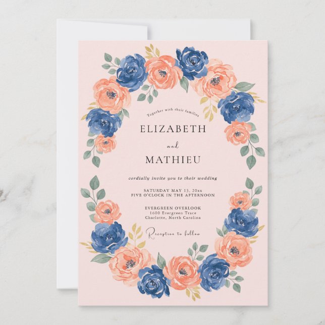 Convites Casamento Romântico Navy Coral Blossom (Frente)