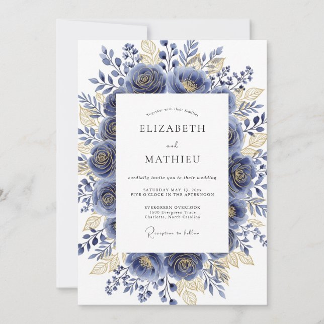 Convites Casamento Romântico Navy Gilded Bloom (Frente)