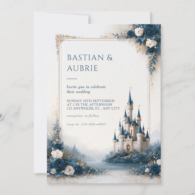 Convites Casamento Romântico no Castelo à Beira do Lago Saf (Frente)