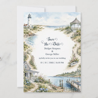 Convites Casamento romântico no farol da Nova Inglaterra co