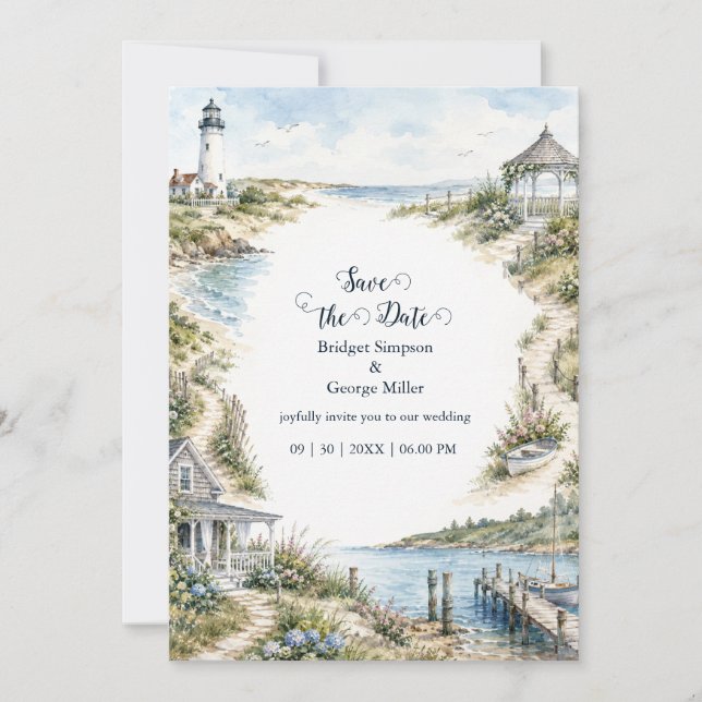 Convites Casamento romântico no farol da Nova Inglaterra co (Frente)
