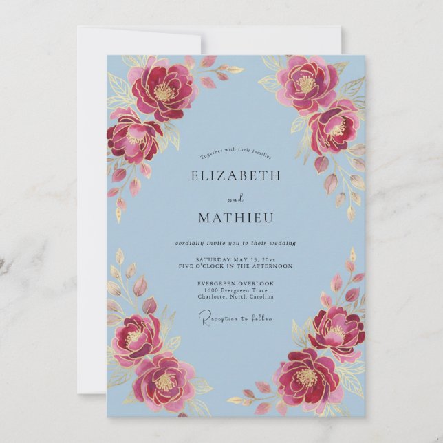 Convites Casamento Romântico Opulento Azul Céu (Frente)