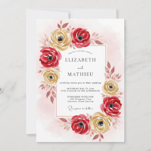 Convites Casamento Romântico Outonal Dourado Vermelho