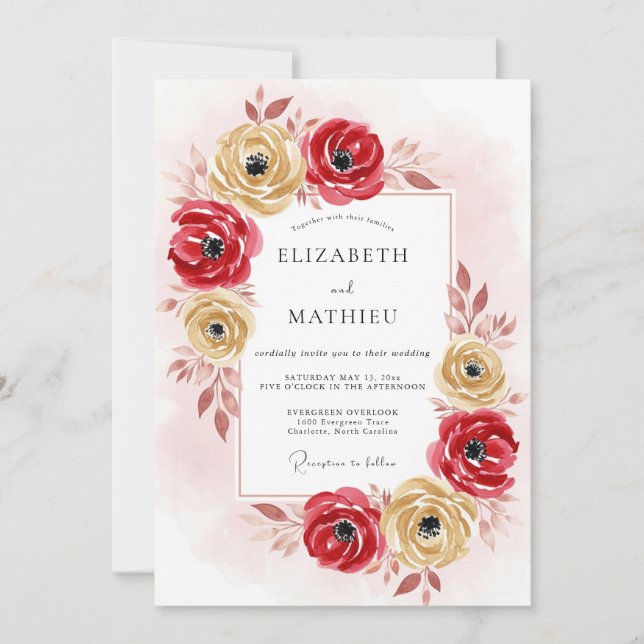 Convites Casamento Romântico Outonal Dourado Vermelho (Frente)