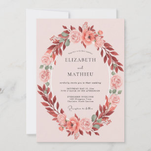 Convites Casamento Romântico Oval Botânico de Coral