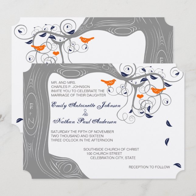 Convites Casamento Romântico Pássaros de Amor Árvore Laranj (Frente/Verso)