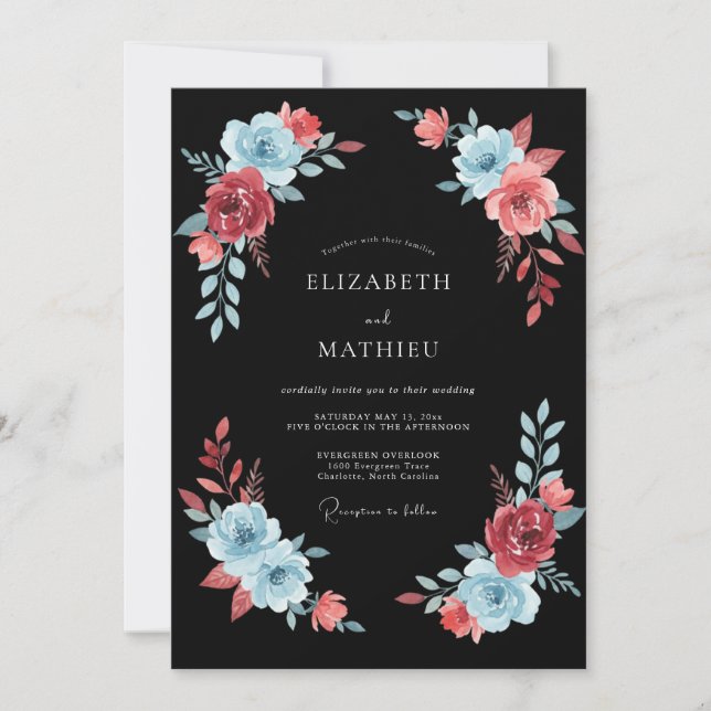 Convites Casamento Romântico Pintado em Azul Coral (Frente)