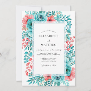 Convites Casamento Romântico Pintado em Coral Teal