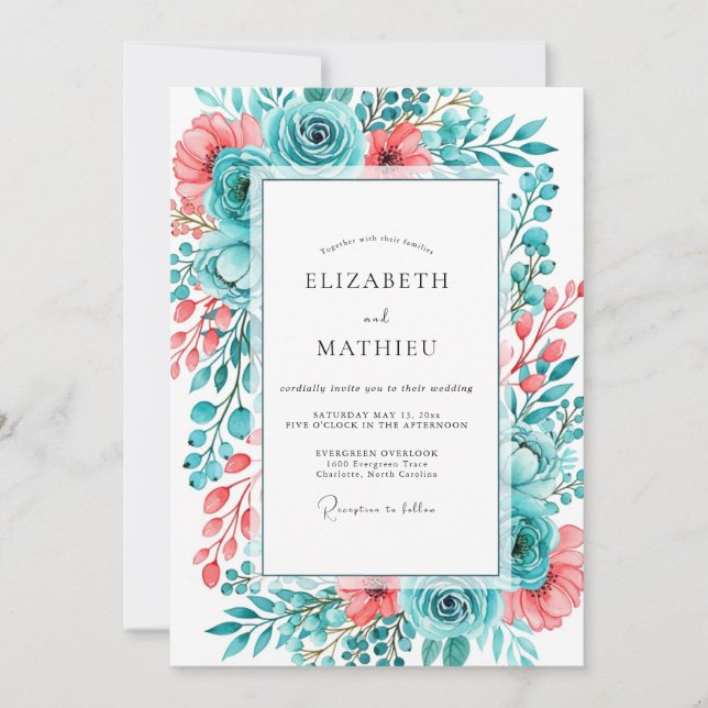 Convites Casamento Romântico Pintado em Coral Teal (Frente)