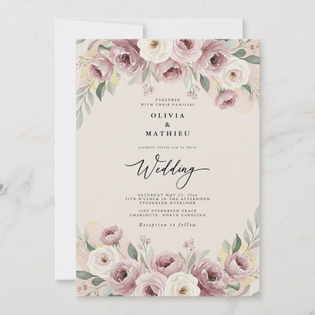 Convites Casamento Romântico Pintado em Rosa Desbotado (Frente)