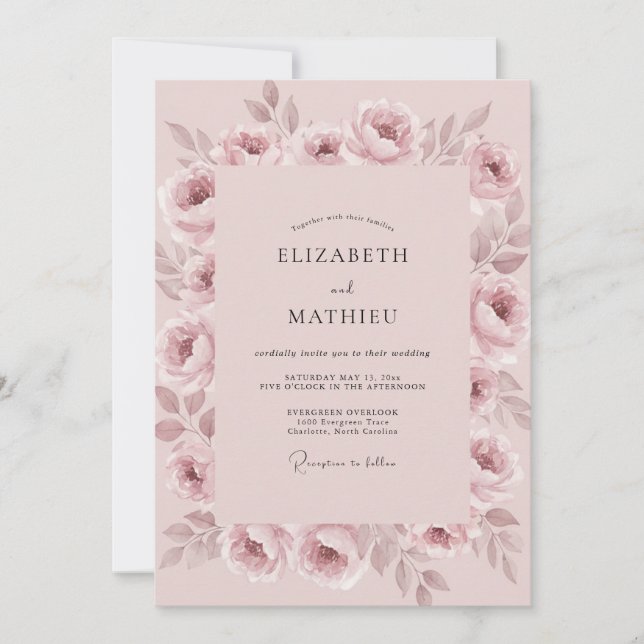 Convites Casamento Romântico Pintado em Rosa Desbotado (Frente)