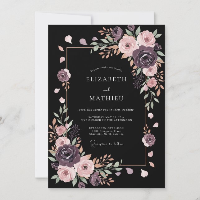 Convites Casamento Romântico Preto à Meia-Noite (Frente)