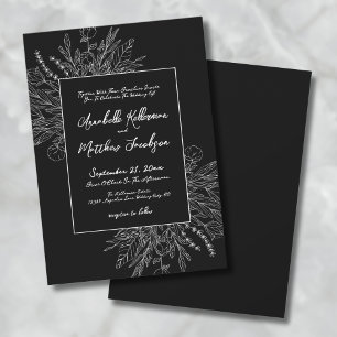 Convites Casamento Romântico Preto Branco Botânico Elegante