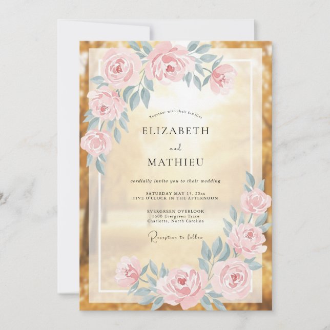Convites Casamento Romântico Radiante Dourado (Frente)