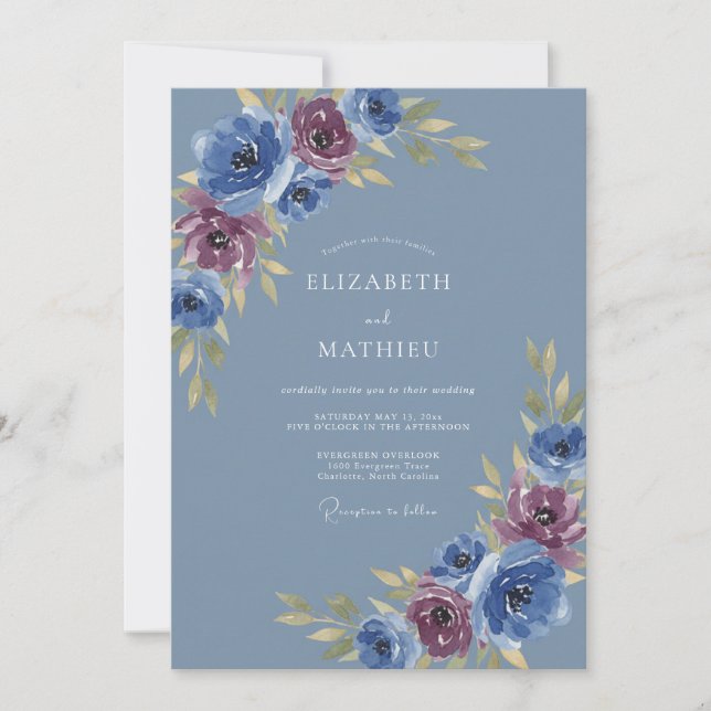 Convites Casamento Romântico Redemoinho de Rosa Azul (Frente)